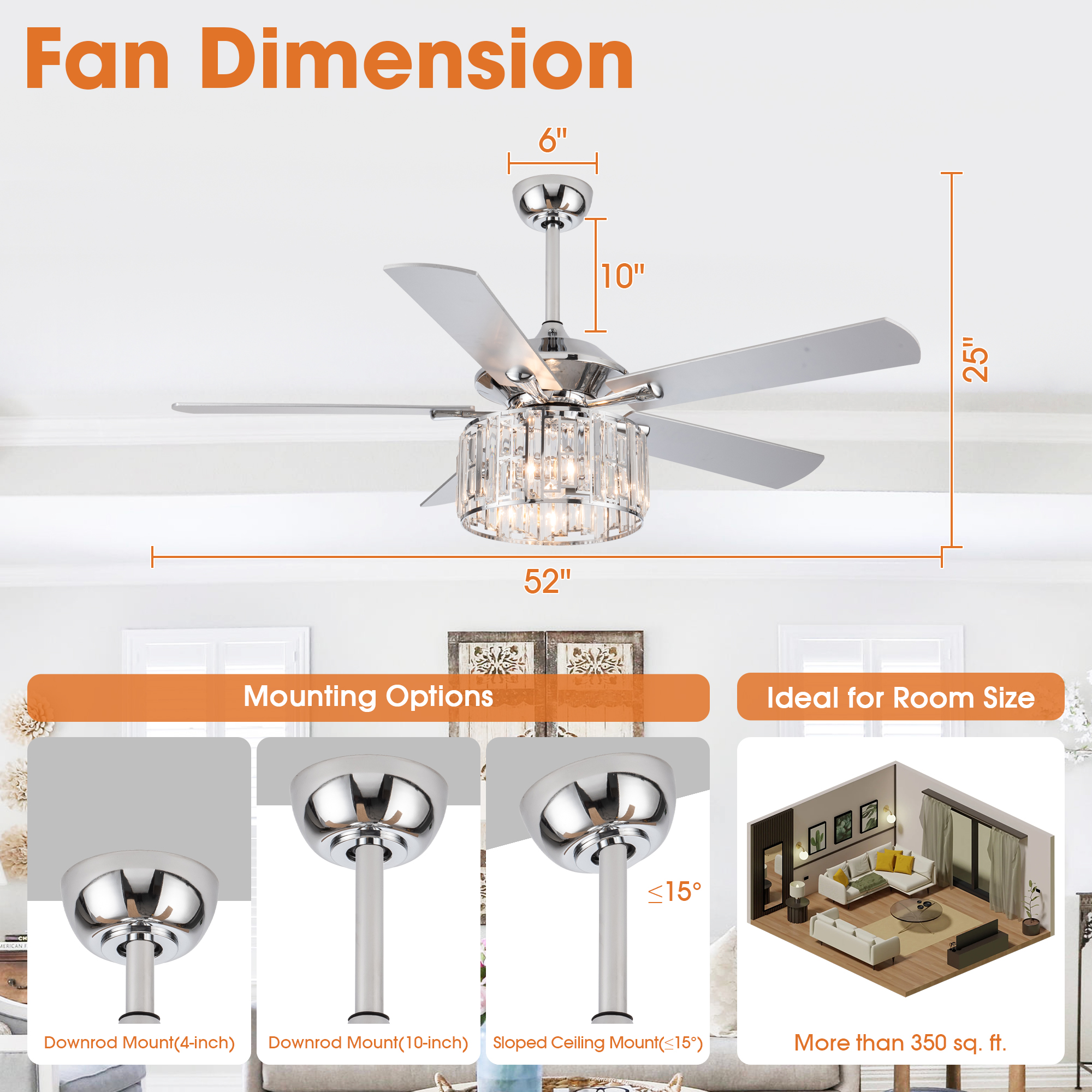 Parrot Uncle 52" Crystal Chandelier Ceiling Fan with Remote and Lights, Double-Sided Blades Fandelier, Chrome