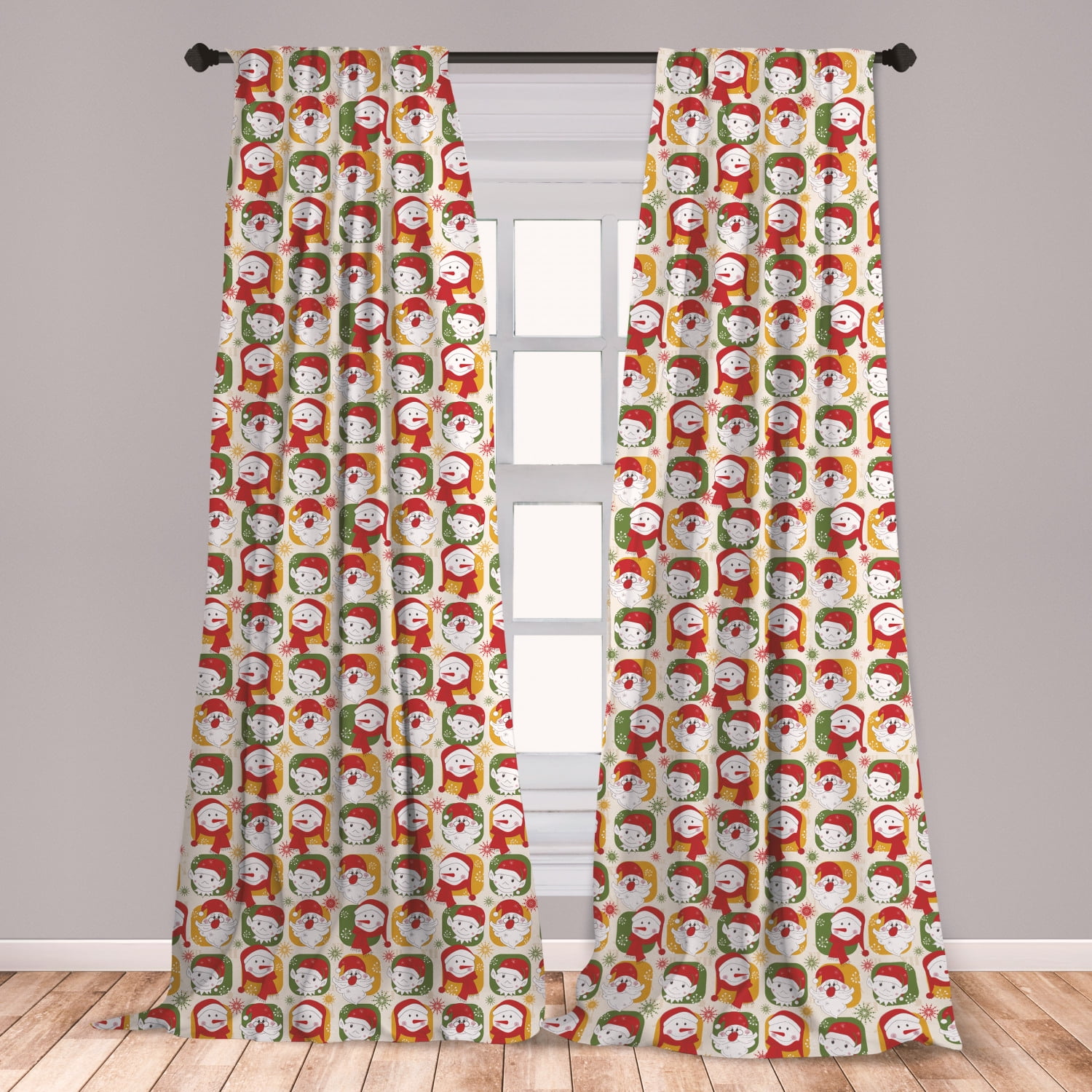 Christmas Curtains 2 Panels Set, Cheerful Faces of the New Year Santa
