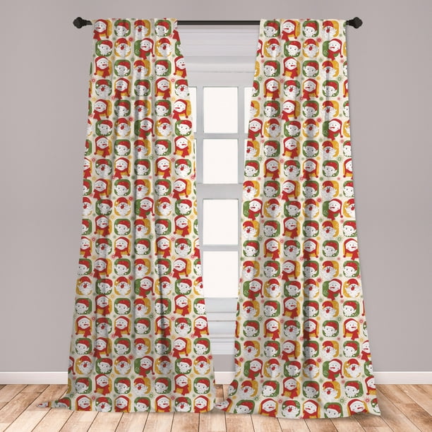 Christmas Curtains 2 Panels Set, Cheerful Faces of the New Year Santa