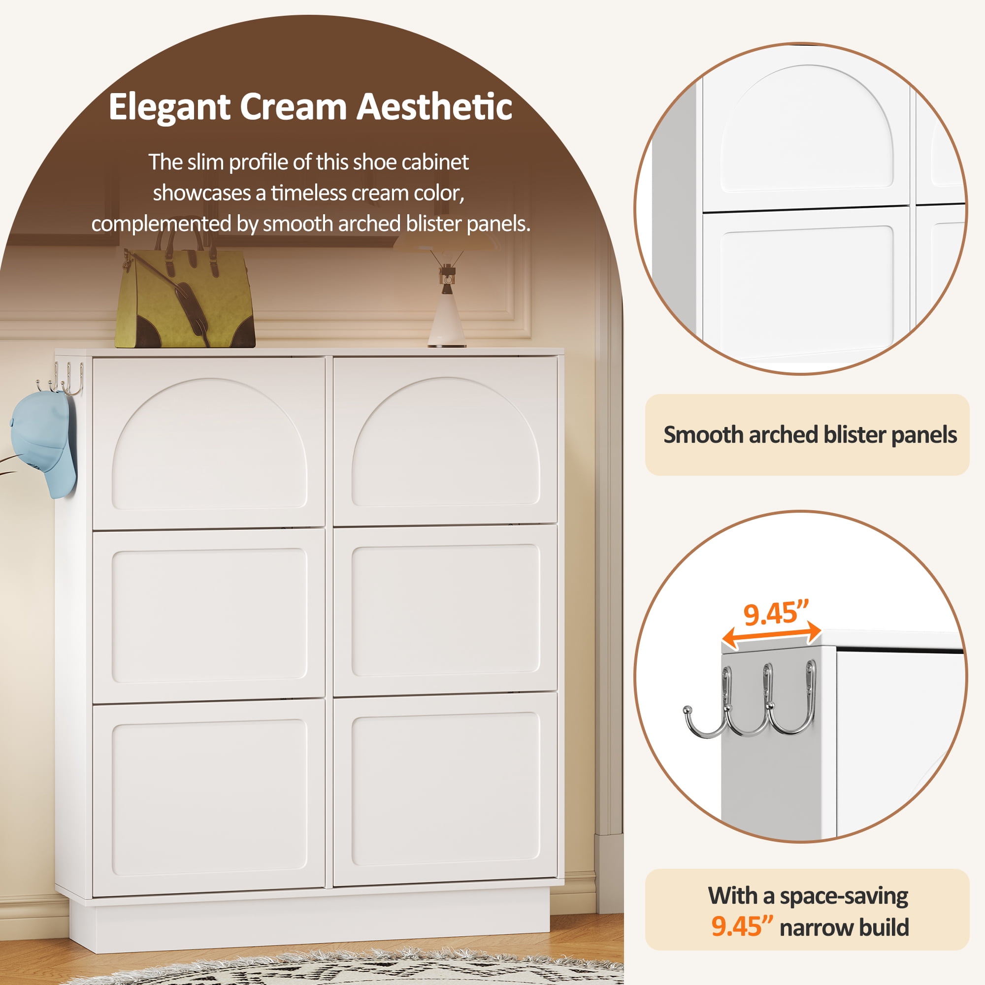 Euroco Elegant Narrow Tipping Bucket Shoe Cabinet with 6 Flip Drawers, Space Saving Design, Cream Style Entryway Organizer with Adjustable Shelf, Free-Standing Shoe Rack with 3 Silvery Hooks, White