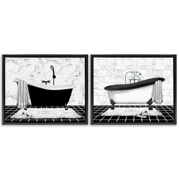 Stupell Industries Marble Clawfoot Soaking Tub Bath & Laundry Painting Black Floater Framed Canvas Art Print Wall Art, 21 x 17, Set of 2