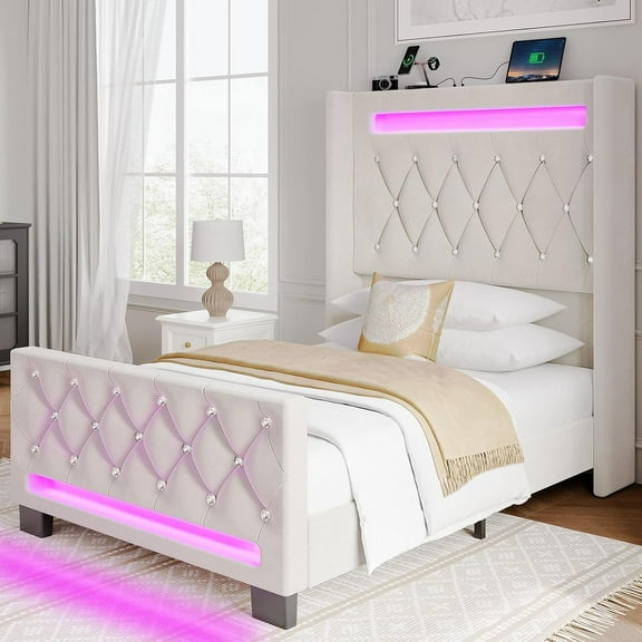 Twin Bed Frame with LED Light and Charging Station, Upholstered High Headboard and Footboard, Wood Slats, Noise Free, Easy Assembly, Beige
