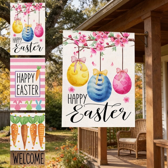 AZXY Happy Easter Garden Flag 12x17.7 Inch, Colorful Bunny Silhouettes with Carrot on Pink Stripe Print Outdoor Yard Flag for Front Porch Spring Festival Holiday Decorations