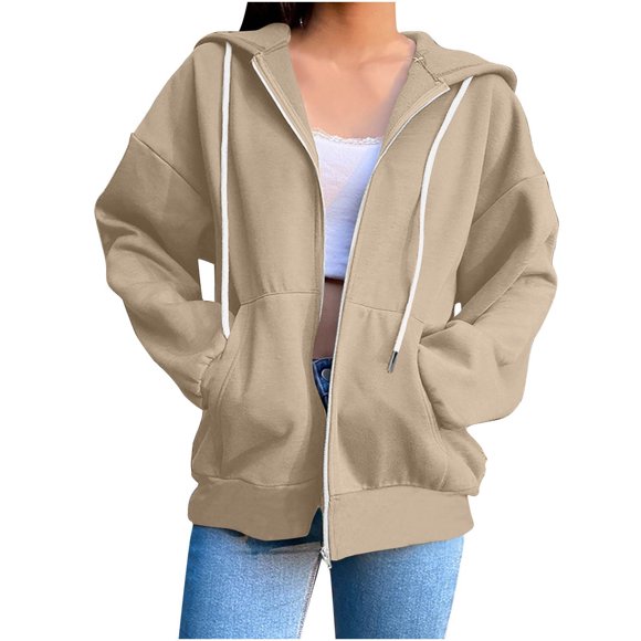 Khaki with Hood Basic Lounge Outfits for Women Winter Fall Long Sleeve Loose Fit Hooded Outfits Sweatshirt Women Zip Up 2025 Soft Comfy Clothing Trendy XXL