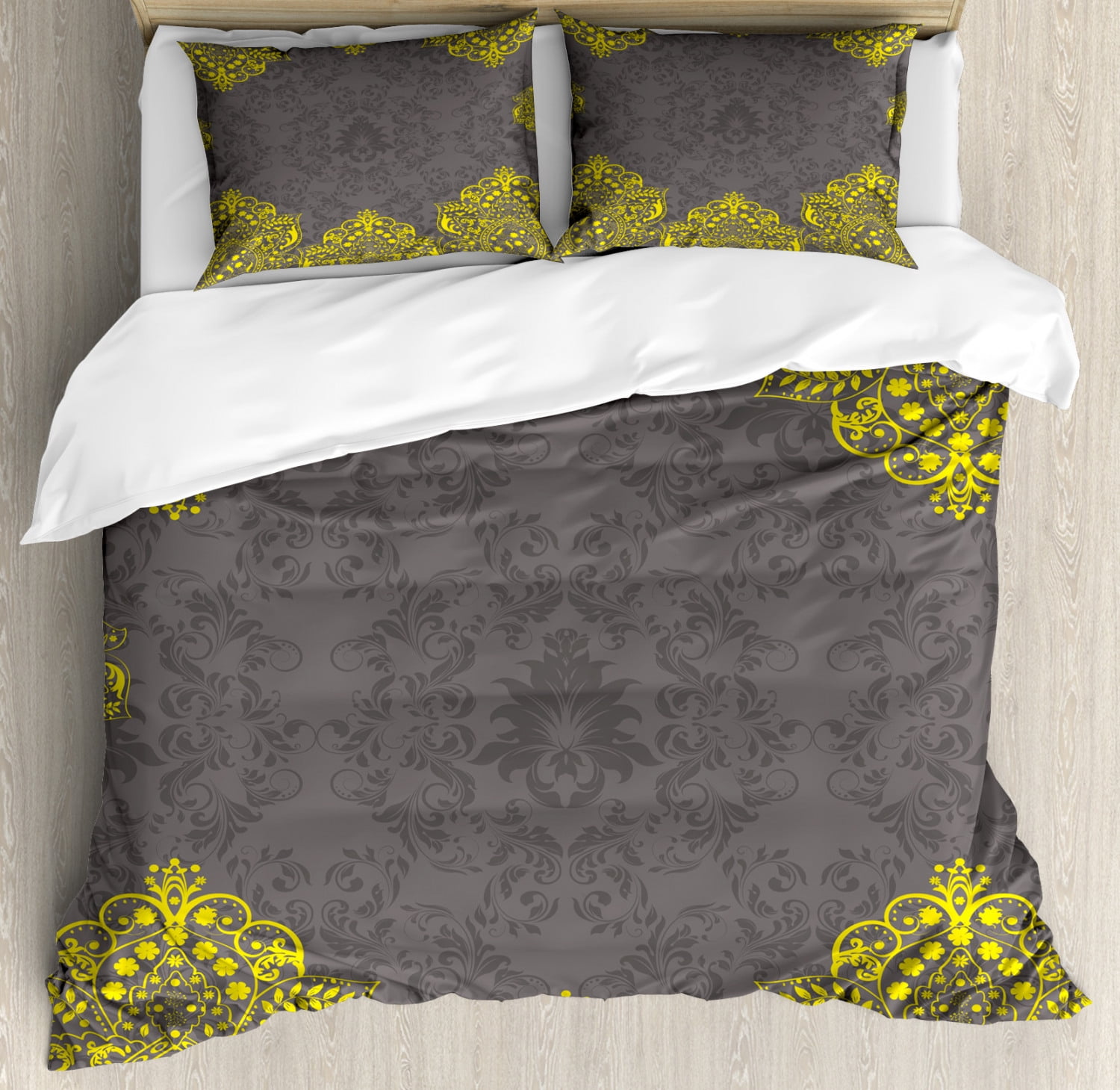 Grey and Yellow Duvet Cover Set King Size, Traditional Victorian Style