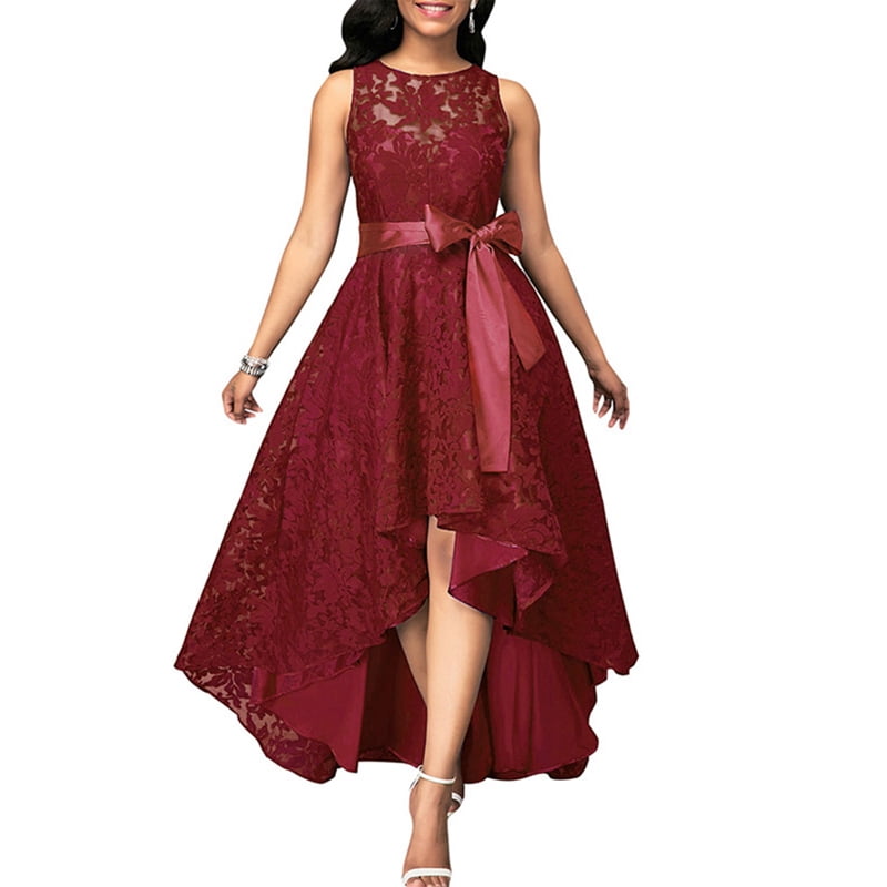 high low sleeveless belted lace dress
