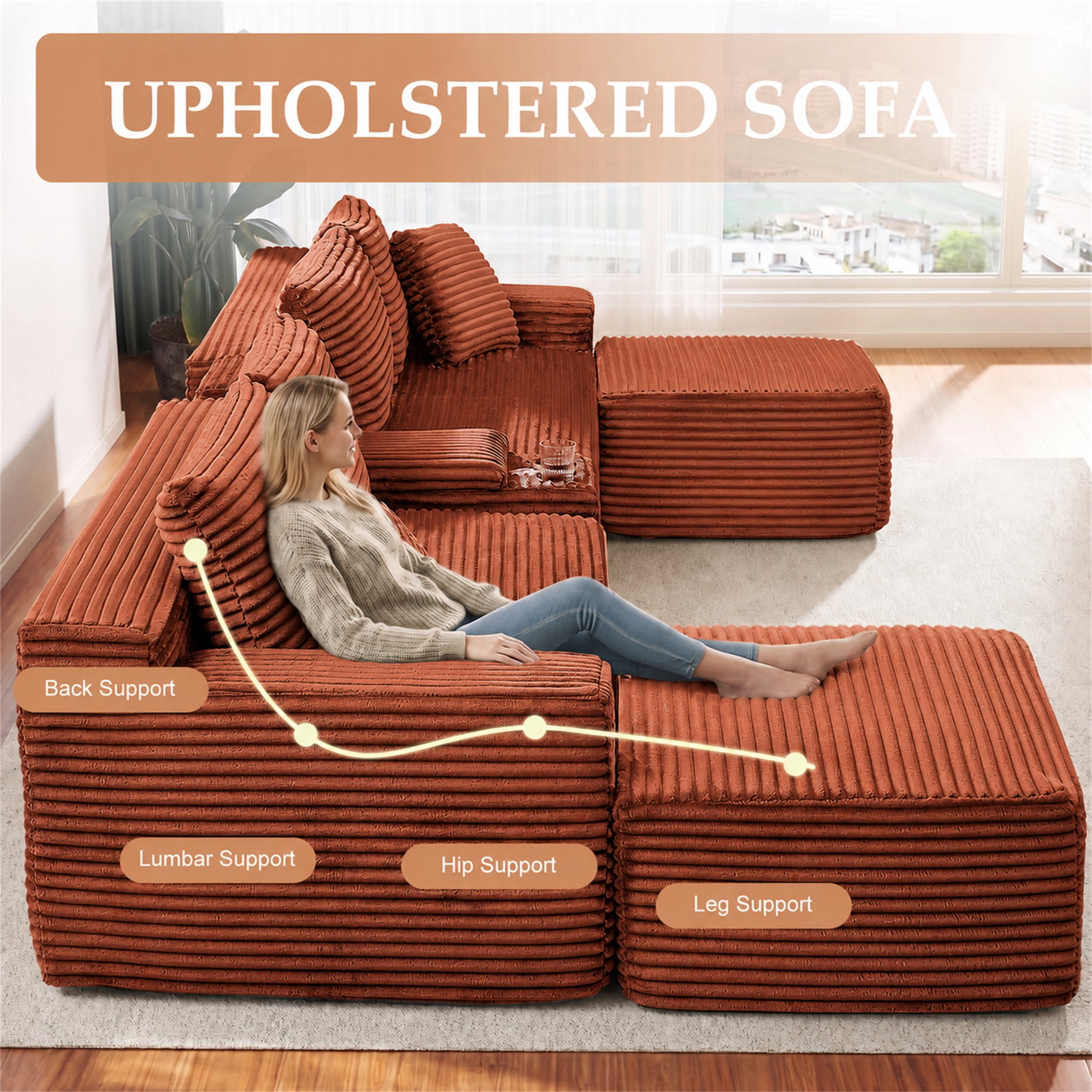 Aukfa 127" U Shaped Cloud Sectional Sofa Modular Boneless Couch with USB&Cupholdes Storage Console for Living Room, Corduroy, Orange