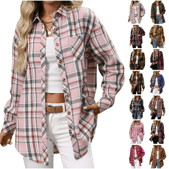 Horkkom Plaid Shirts for Women Long Sleeve Button Down Flannel Shirt Fall Casual Plaid Jacket with Pocket XXL