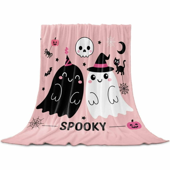 Halloween Cute Pink Black Spooky Ghost Skeleton Bug Cowweb Throw Flannel Blanket 32x48In Super Soft Cozy Bed Blanket, Lightweight Plush Fuzzy Bed Throw for Bedroom Sofa Couch Living Room
