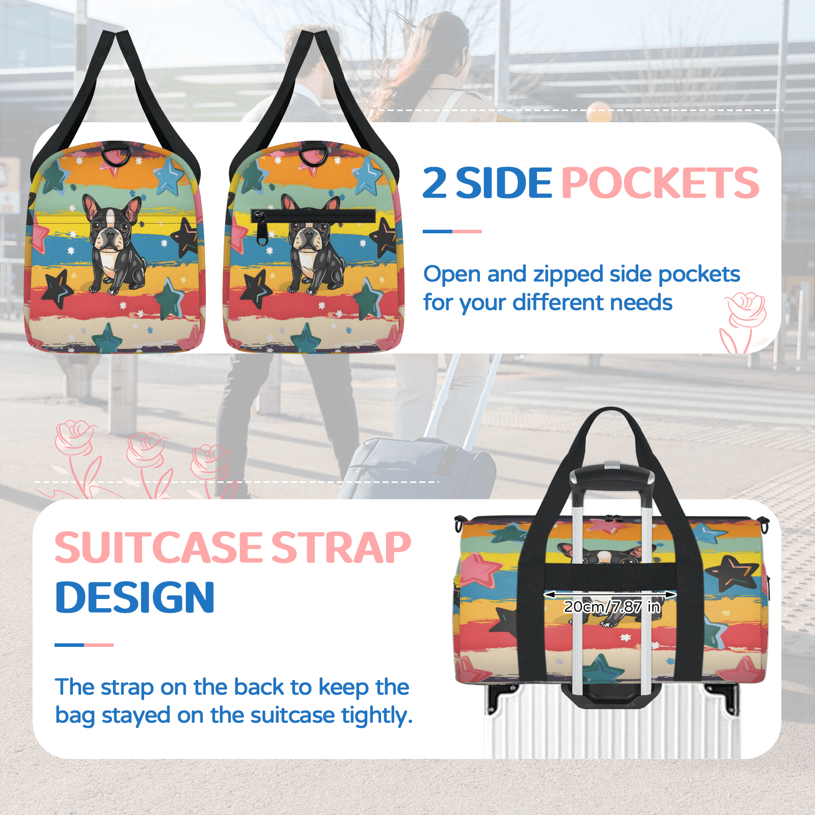 Herdesigns Cute Dog Puppy Cartoon Doggy Gym Bag for Women, Duffle Bag for Travel Sport, Lightweight Waterproof Carry on Weekender Overnight Dance Yoga Workout Bags