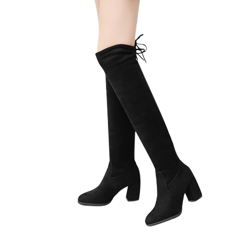 Women Over The Knee Boots Lace Up High Heels Shoes Lace Up Winter Boots  Black  