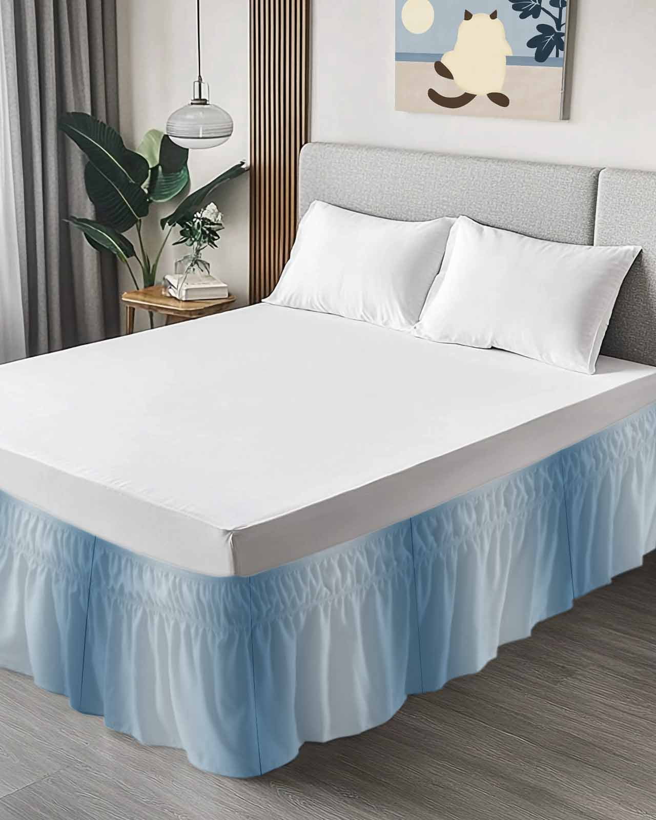 Blue Ombre Bed Skirt Cal King Size, Modern Gradient Abstract Art Wrap Around Bed Skirting with Adjustable Elastic Strap, Dust Ruffled Pleated Bedskirts 18 Inch Drop for Bedroom Cal King Beds