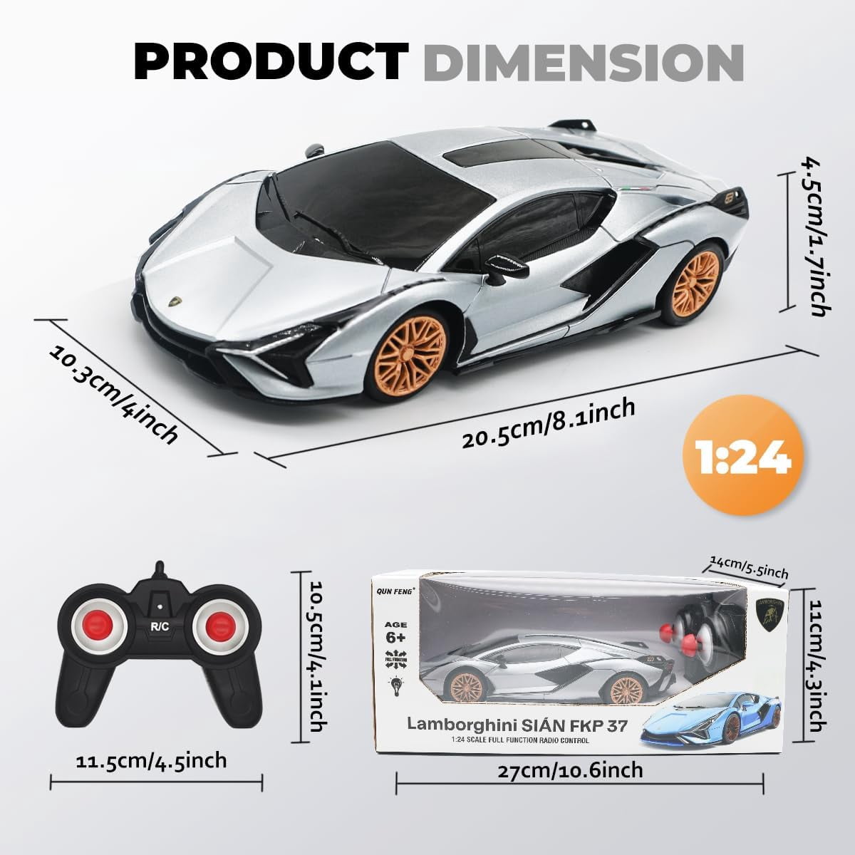 Qun Xing Remote Control Car 1:24 Lamborghini Officially Licensed 2.4GHZ for Kids Gift, Silver