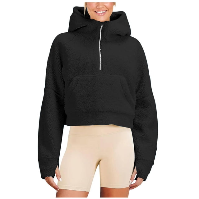 cfhntfmh Womens Fuzzy Cropped Pullover Hoodie Half Zip Oversized Sweatshirt Soft Fleece Workout Pullover with Pockets