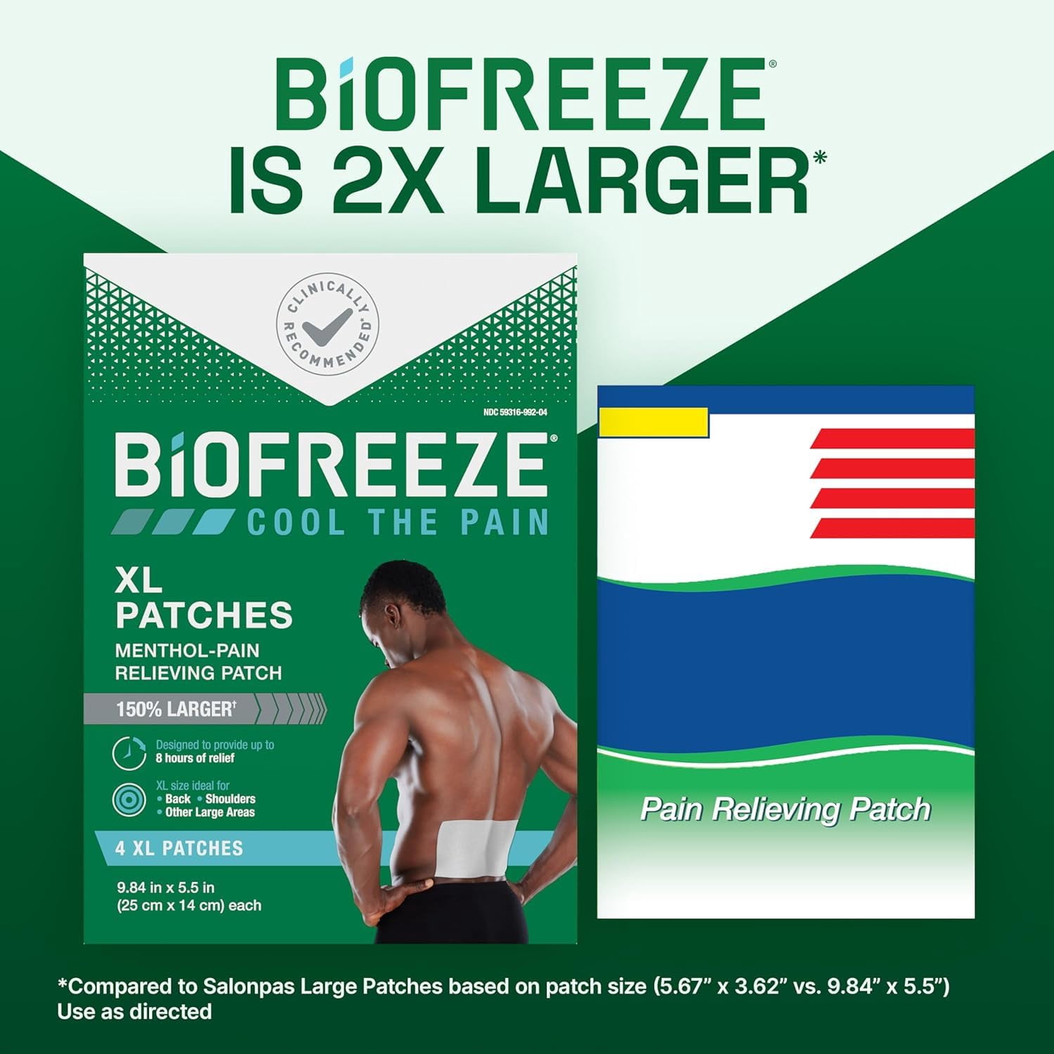 Biofreeze XL Pain Relief Patches, Menthol Pain Patches for Lower Back Neck Knee Shoulder, 4 Count (Pack of 2)