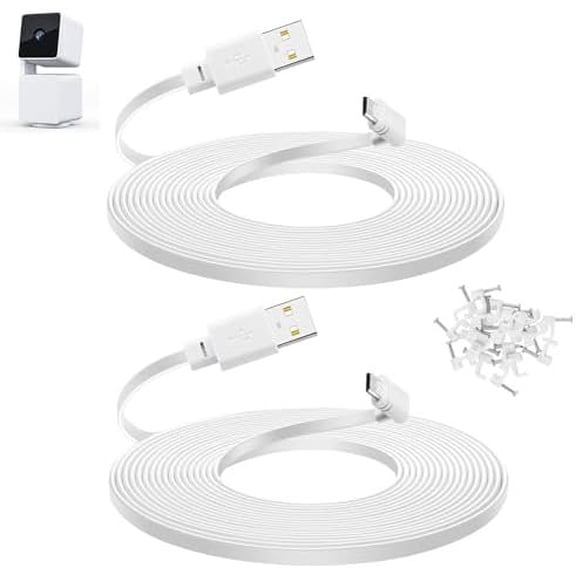 10 ft for Cam Pan v3 Camera, Long USB Flat Power Cord, 90 2-Pack, White