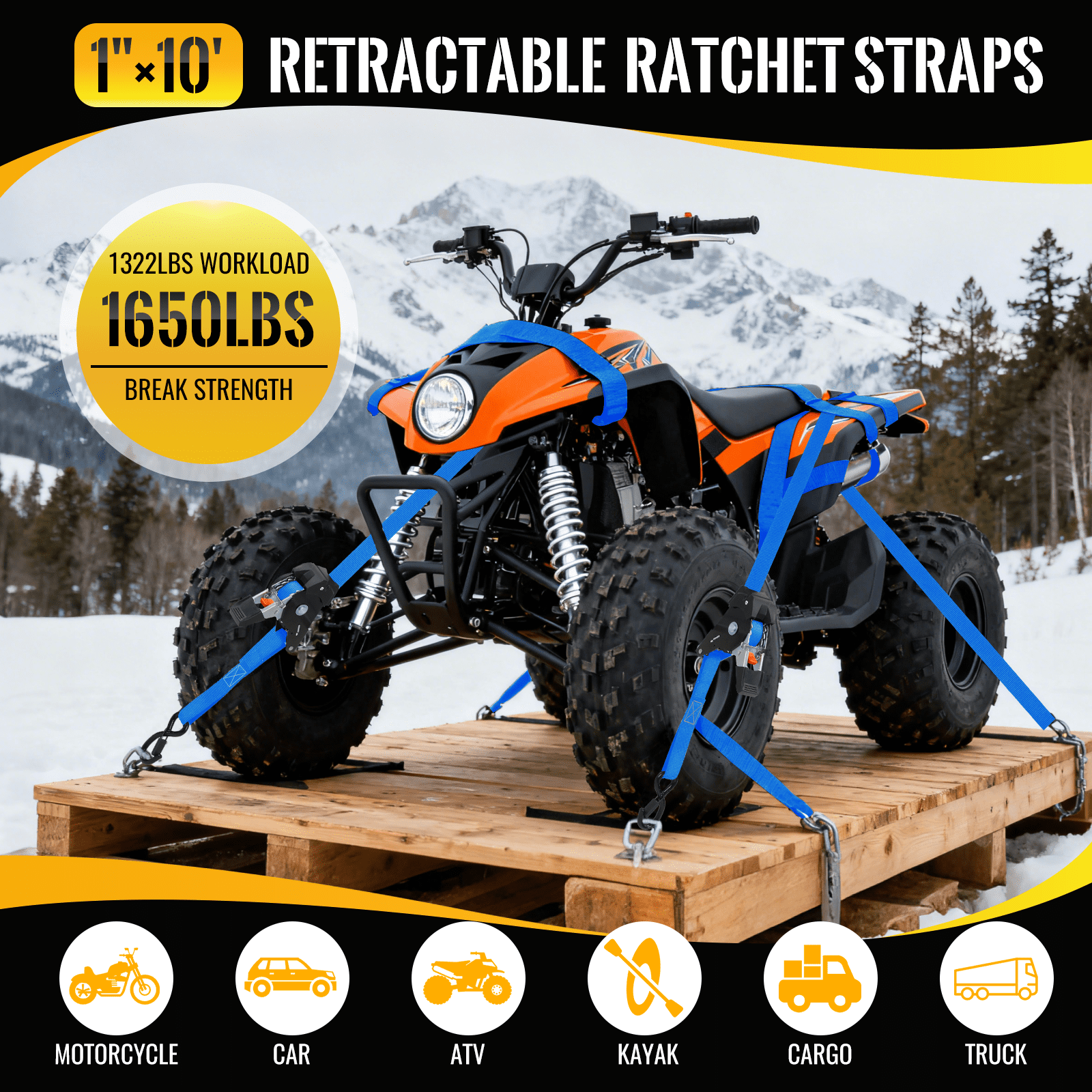 TLGREEN Retractable Ratchet Straps, 4Pack,1” x 10’ 1650lb Break Strength Heavy Duty Auto Self Retracting Tie Down Straps for Truck, Cargo, Motorcycle, ATV, UTV,Boat (Blue)