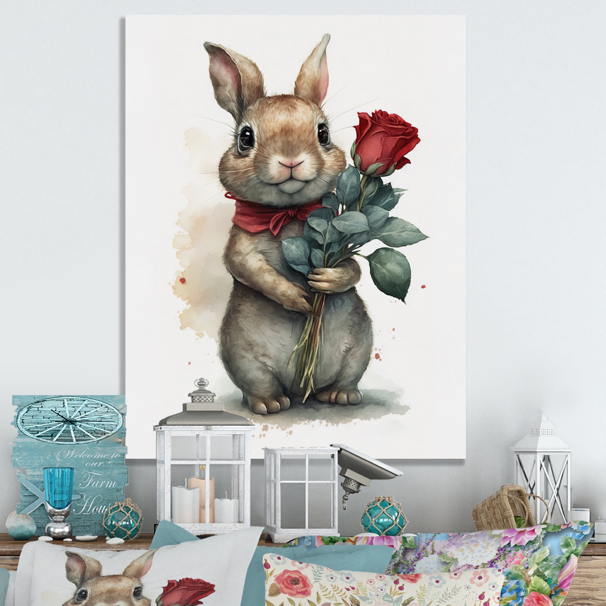 Designart Bunny Love Holding A Rose Canvas Wall Art