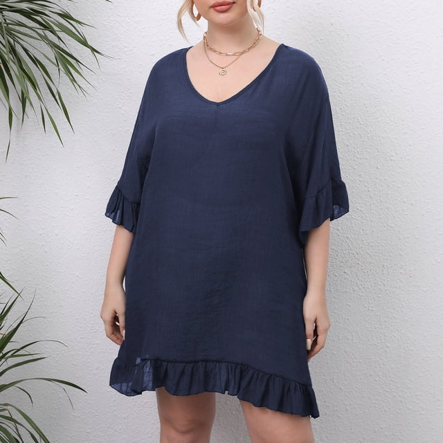 LOVZFMLL Robe Bohème Décontractée pour Femme Grande Taille Unie à Manches Courtes Robe Bleu Marine 3TG