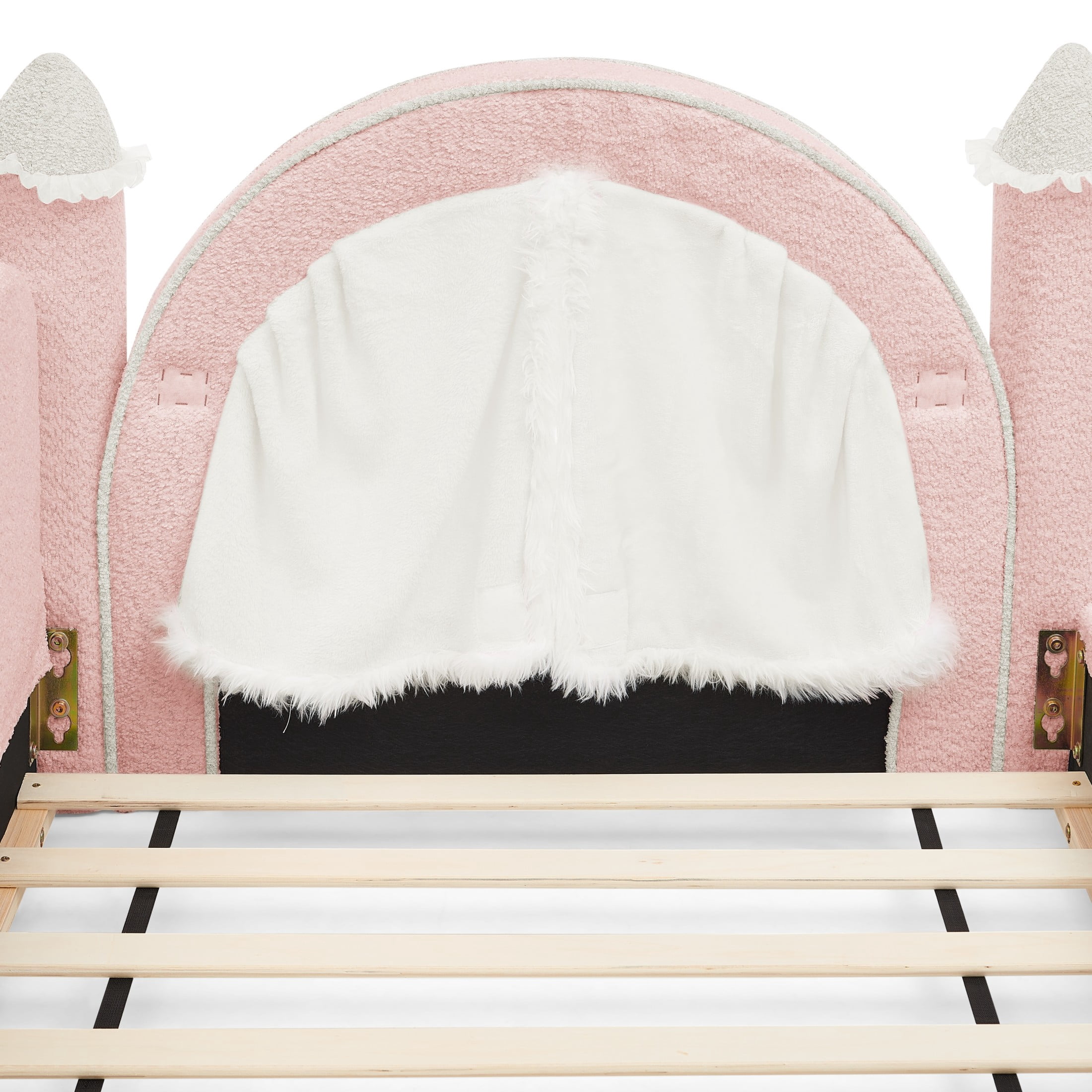 GDF Studio Solley Twin Size Castle Bed with Safety Guardrails, Curtain & Wood Frame, Boucle Upholstered Bed, Pink