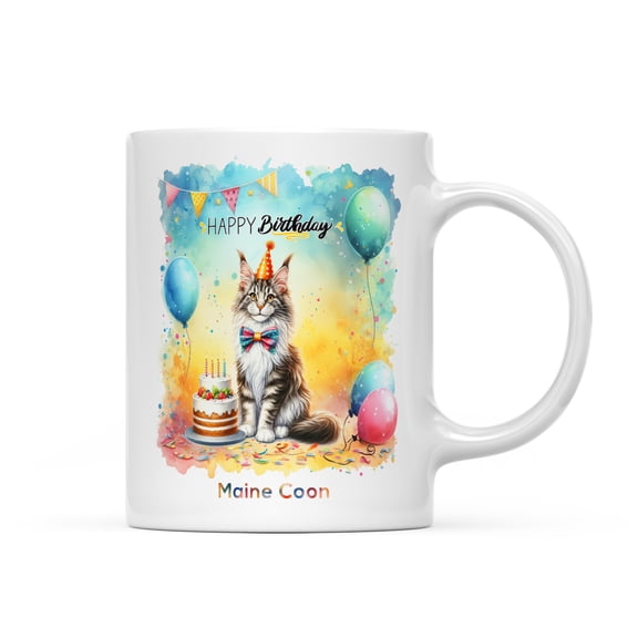 Happy Birthday to Maine Coon Kitten Party Balloons Cake Mug Cat Lover Kitten Owner Gifts Coffee Tea Cup - 00027