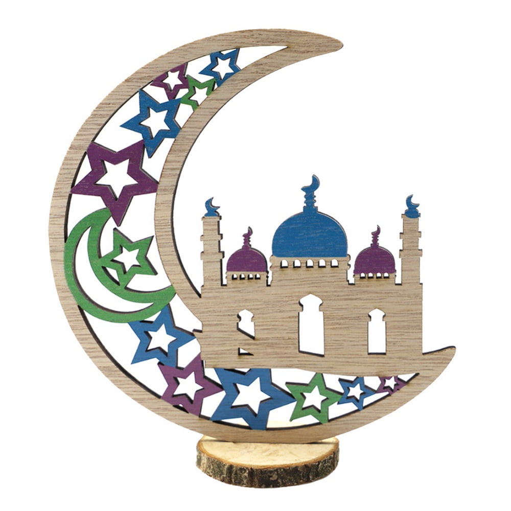 Wooden Eid Mubarak Ornament Wood Ramadan Tabletop Decor Moon Star