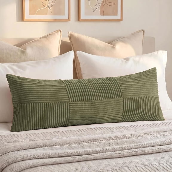 ARLAJO Set of 1 Olive Green Boho Long Lumbar Body Decorative Throw Pillow Cover 14X36 Inch for Bed Couch Bedroom Bench, Soft Patchwork Corduroy Textured Pillow Case, Rustic Farmhouse Room Decor