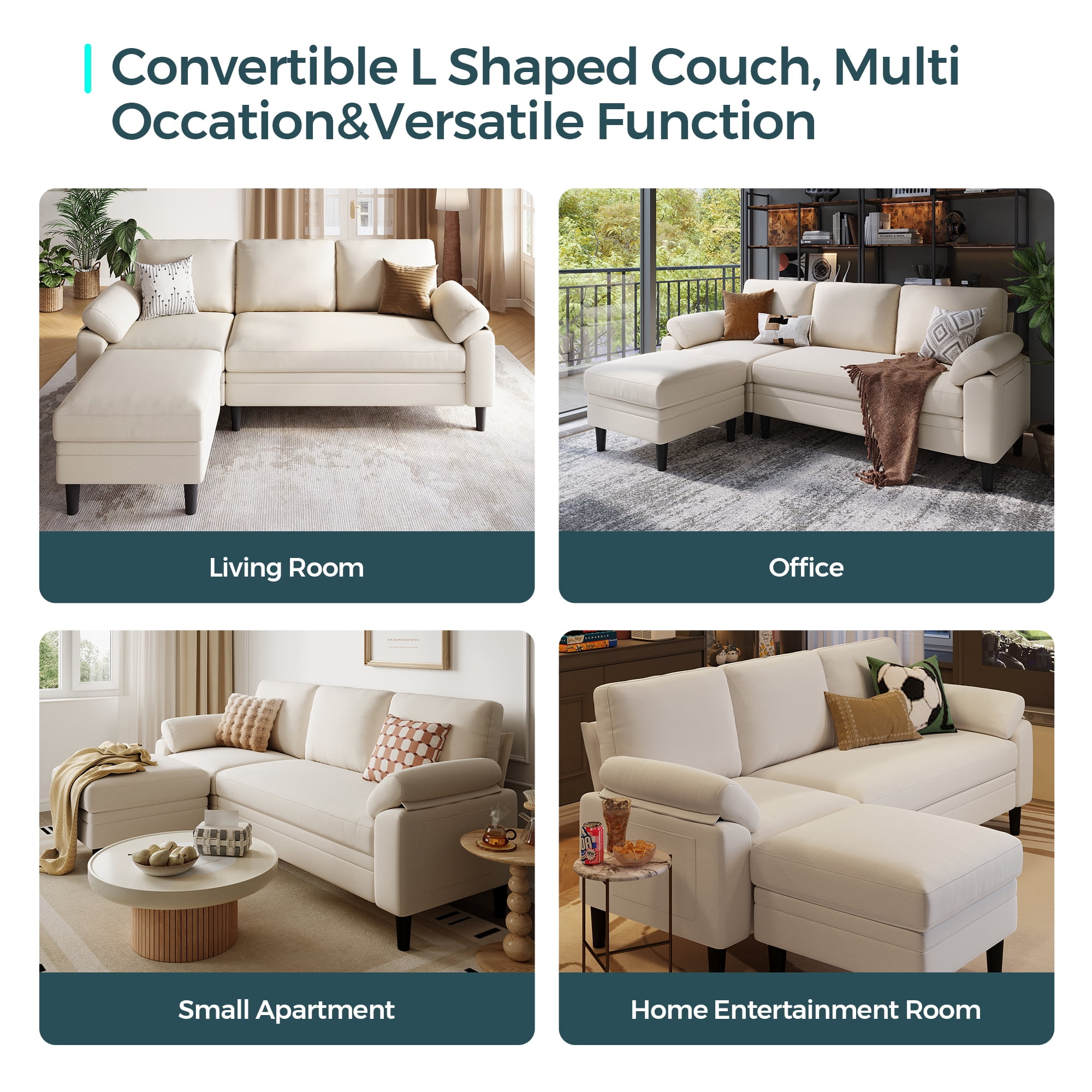 LINSY HOME 82" Reversible Sectional Sofa Couch, 3 Seater L -Shaped Sofa with Movable Ottoman for Living Room, Beige