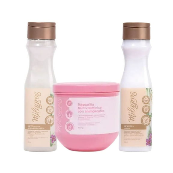 Milagros Shampoo Arroz, Milagros Acondicionador Arroz y Milagros Mascarilla Capilar Multivitaminica (3 pack)