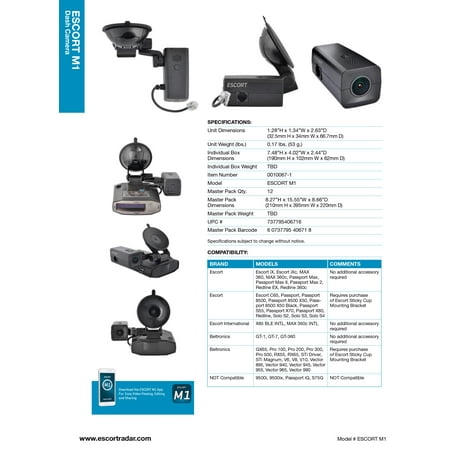 ESCORT M1 DASH CAM - Companion Dash Cam to your Escort Radar Detector. Video/audio Clip Saving, Editing & Sharing