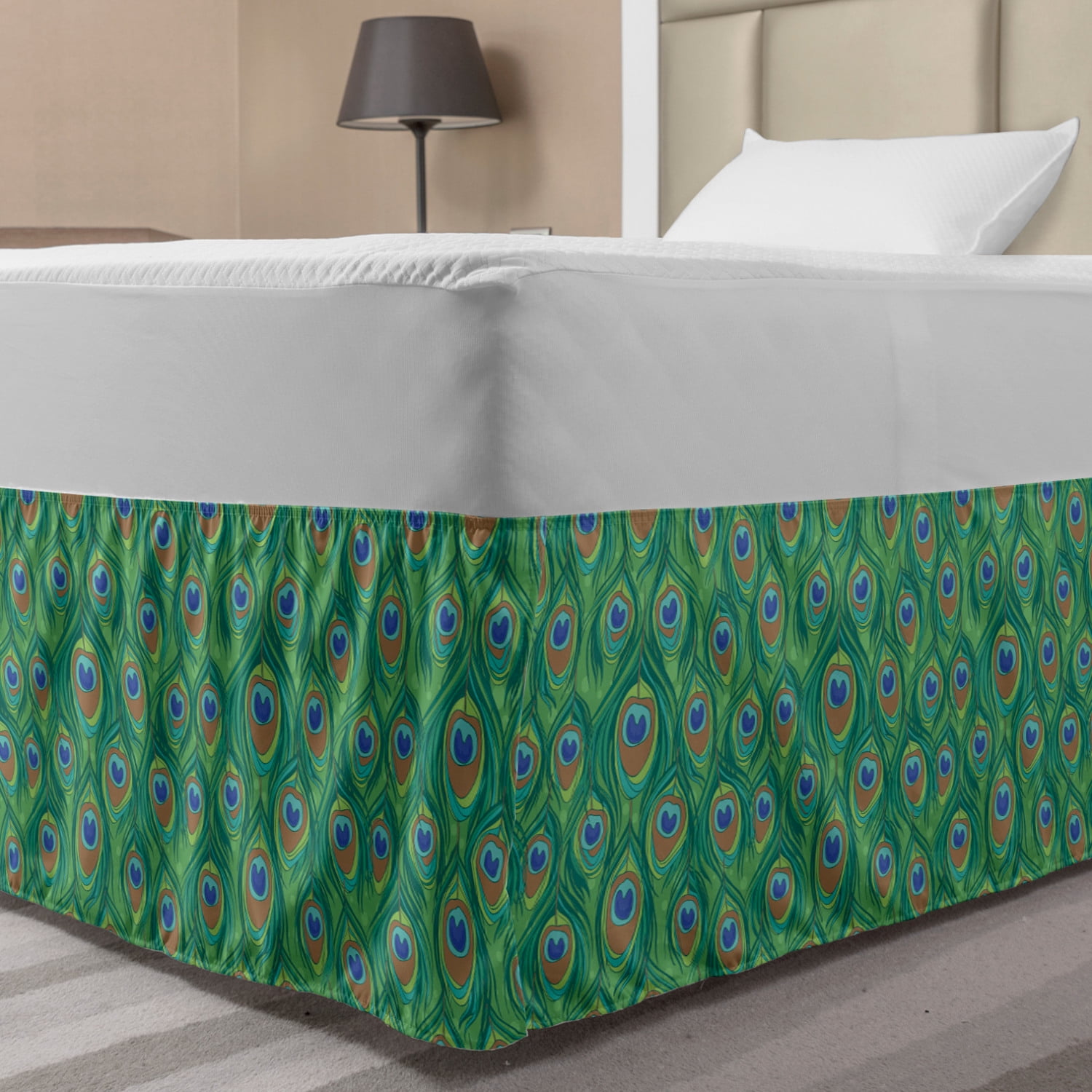 Feather Bed Skirt, Peacock Feathers Peafowl Eastern Boho Positive Design, Elastic Bedskirt Dust