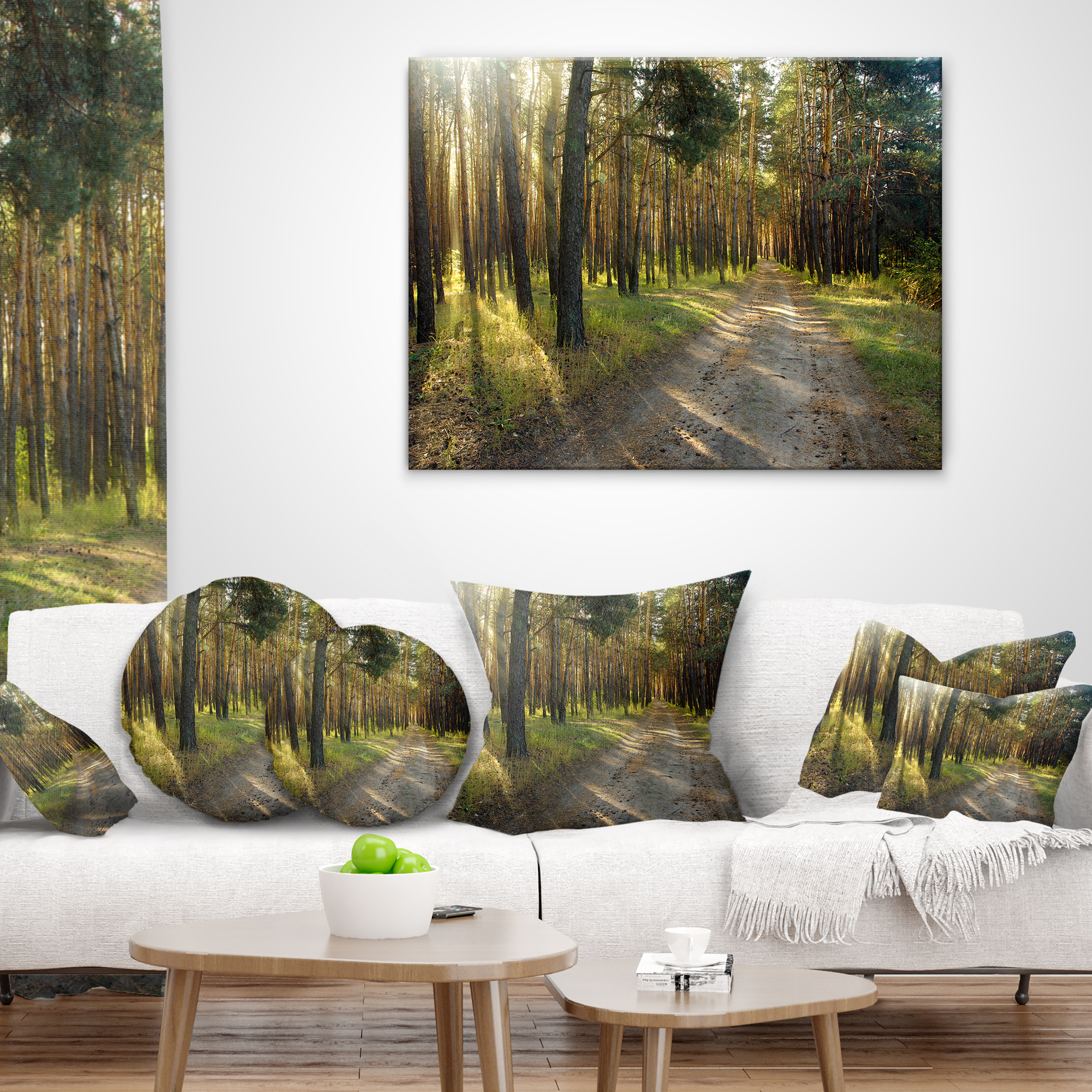 Designart Road Through Green Pine Forest - Landscape Photography Throw Pillow - 18x18