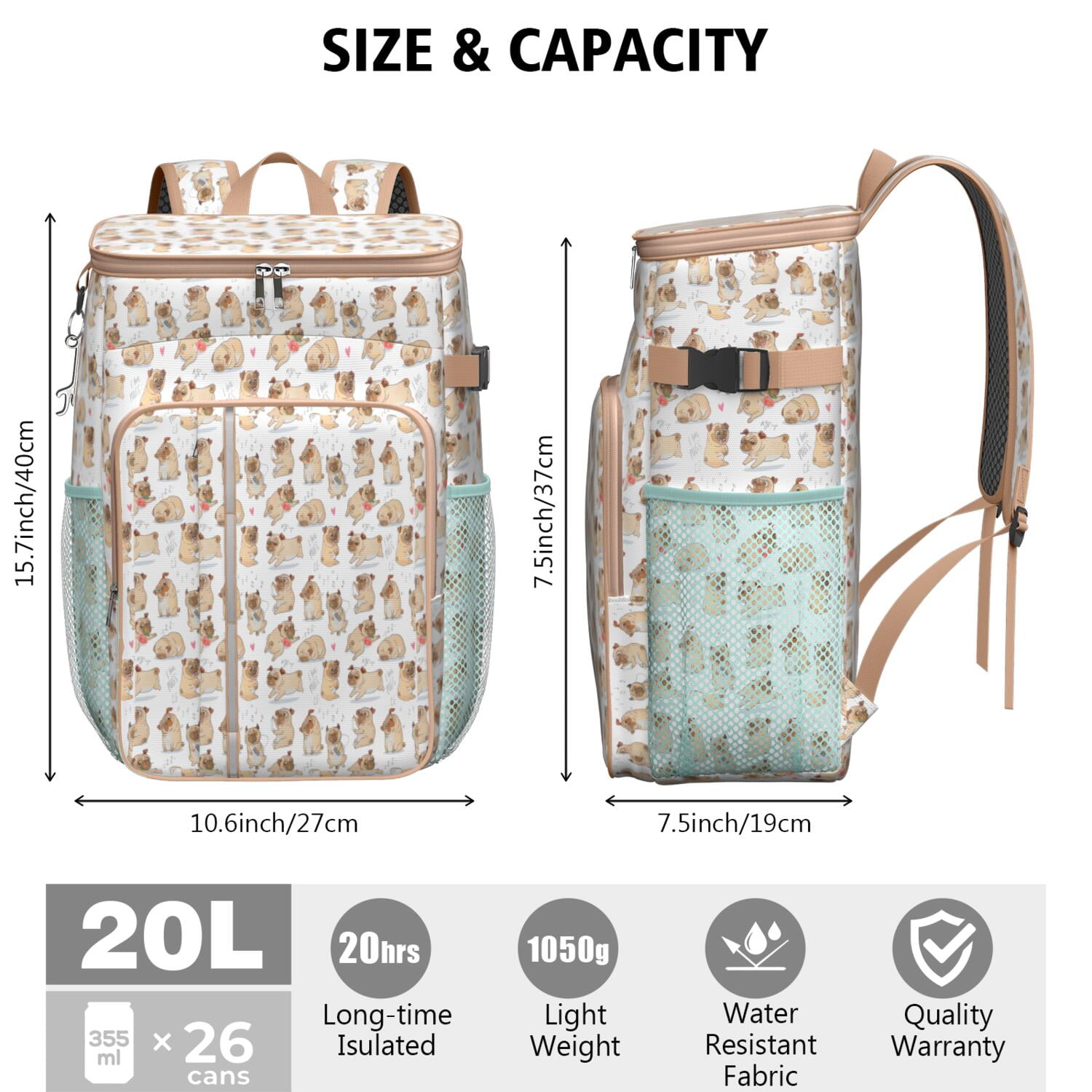 Travel Cooler Bag - Cartoon Pug and Heart Camping Beer Cooler Backpack with Bottle Opener- Waterproof Insulated Picnic Backpacks - Cooler Bag for Beach
