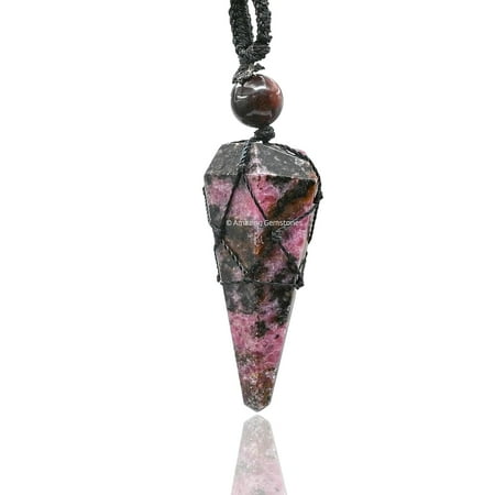 Rhodonite Crystal Stone Holder Necklace Pendulum, Unique Women Men Necklace (Black Macrame)