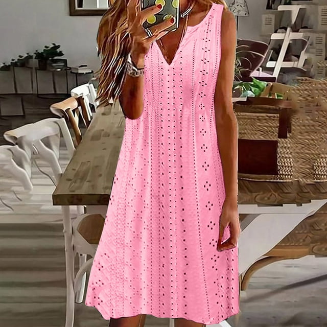 Gspmoly Robes pour Femmes, Mode Femmes Été Décontracté Uni Col en V Sans Manches Robe Mini Robes Formelles pour Femmes Offres du Jour