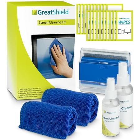 - Screen Cleaning Kit, GreatShield LED LCD Electronic Cleaner with Microfiber Cloth, Cleaning Brush, Non-Streak Solution & Screen Wipes for TV, Computer Monitor, Laptop, Smartphone, Tablet & Lens