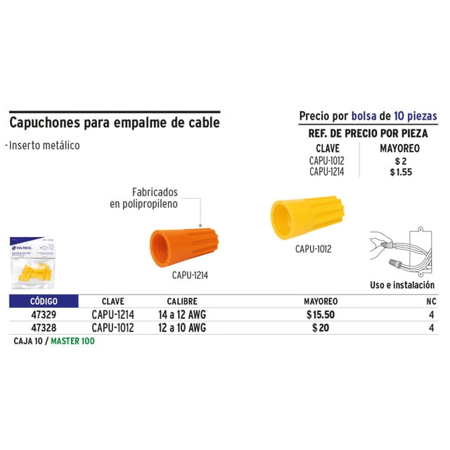 Capuchones para cable, calibres 12 a 14 awg, 10 pzas Volteck Capuchones para cable, calibres 12 a 14 awg, 10 pzas