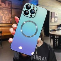 Compatible with iPhone 14 Pro Max Case (Support for Magsafe) Magnetic Gradient Case with Wireless Charger, Gradient Glass Back Cover with Lens Screen Protector Cover for Girls Women -Blue