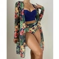 thumbnail image 2 of WREESH Womens 3 Piece Swimsuits Tropical Print Bikini Set with Kimono Beach Cover Ups with Chest Pad with Steel Bra Print Split Swimsuit Bikini Bathing Suit Dark Blue, 2 of 10