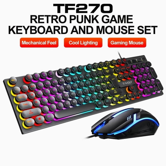 Wired Gaming Keyboard & Mouse Combo - RGB Backlit 104-Key Full-Size Keyboard, Retro Round Keycaps, Mechanical Feel, Plug & Play USB for PC & Gaming