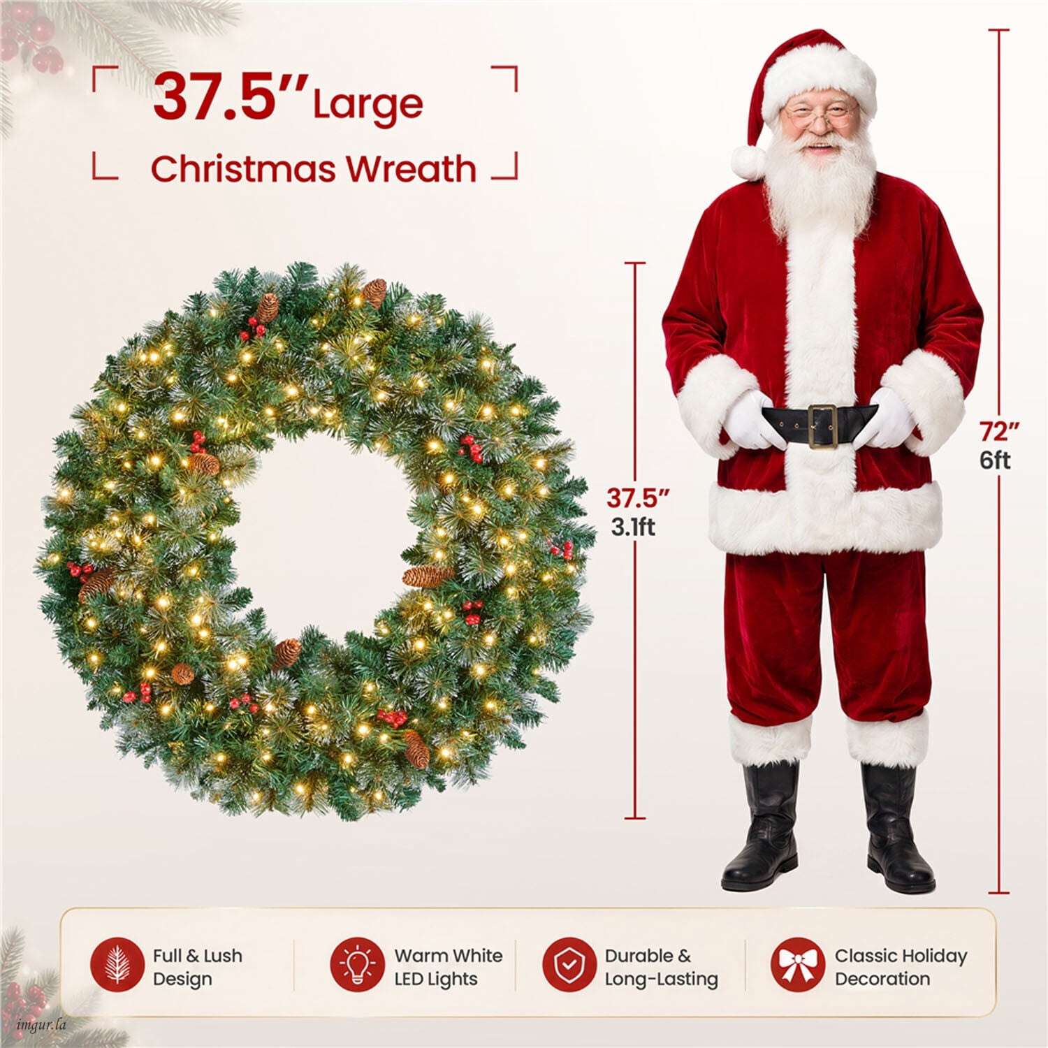 Alden Design 36 Inch Artificial Pre-lit Frosted Christmas Wreath with Bowknot & Pinecones & Holly Berries & LED Lights, Green