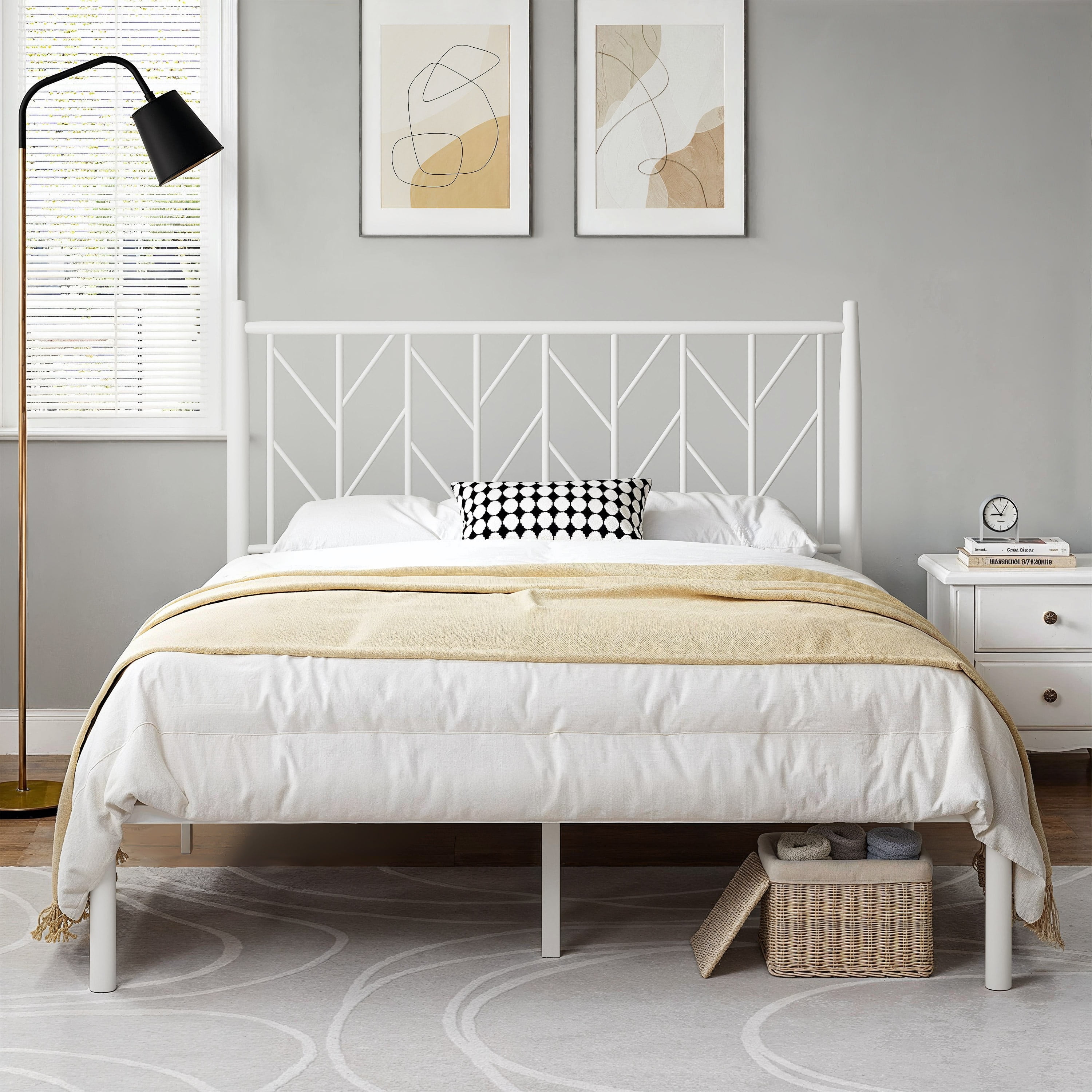 Allewie White Queen Size Modern Metal Platform Bed Frame with Vintage Headboard and 12" Under-bed Storage