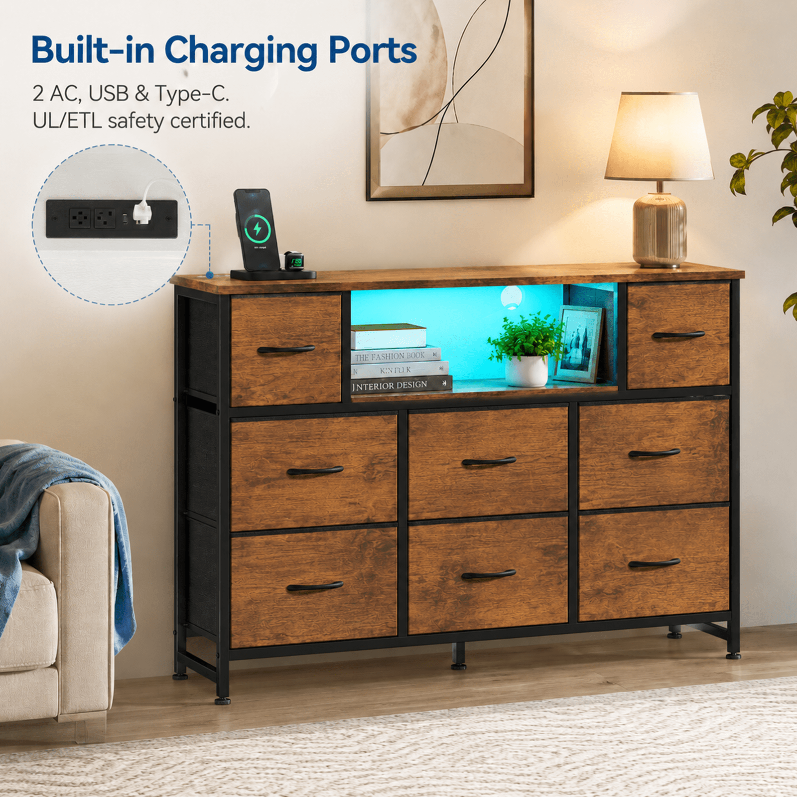 Alvantor Dresser TV Stand for 45, 50, 55 inch TV, Entertainment Center with LED Lights & Charging Station, Chest of Drawers with 8 Fabric Drawers and Open Shelves for Living Room, Hallway, Wood Top