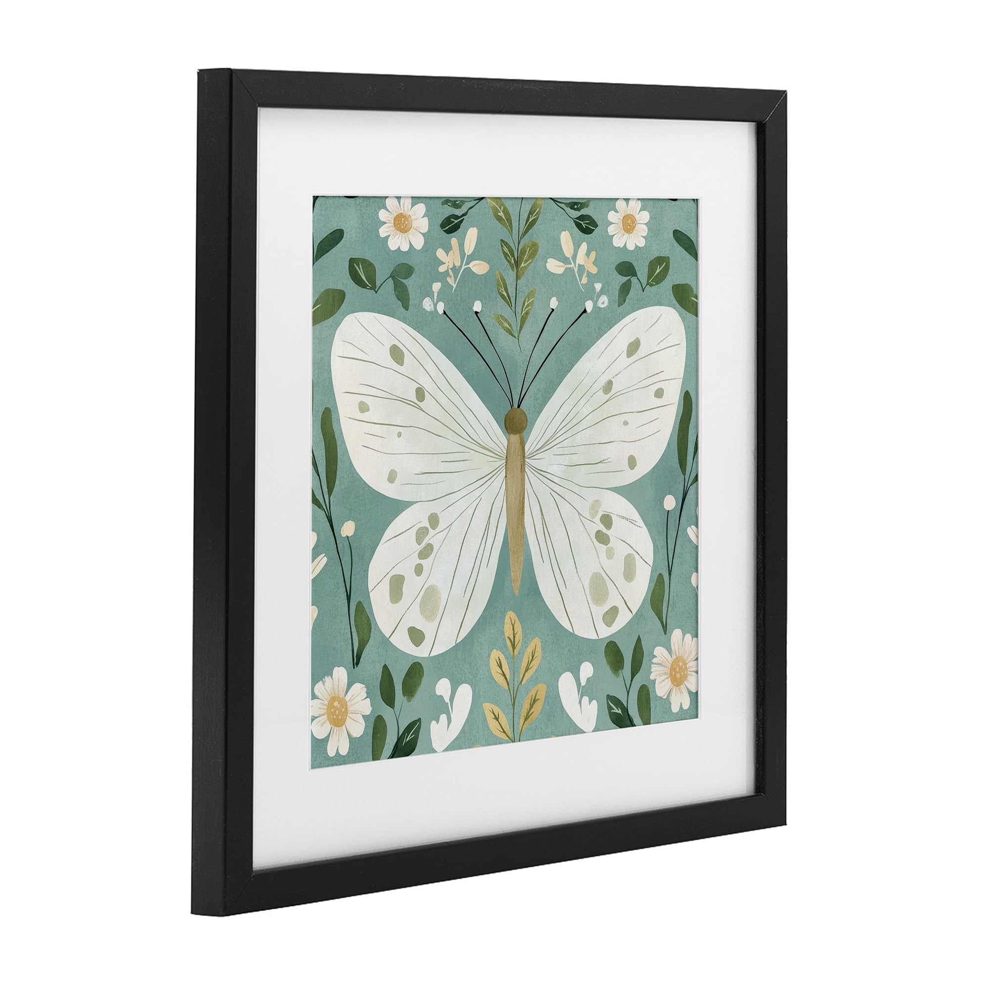 Stupell Industries Teal Butterfly Garden with Daisies Black Framed Print Under Glass, design by Petal Prints Design