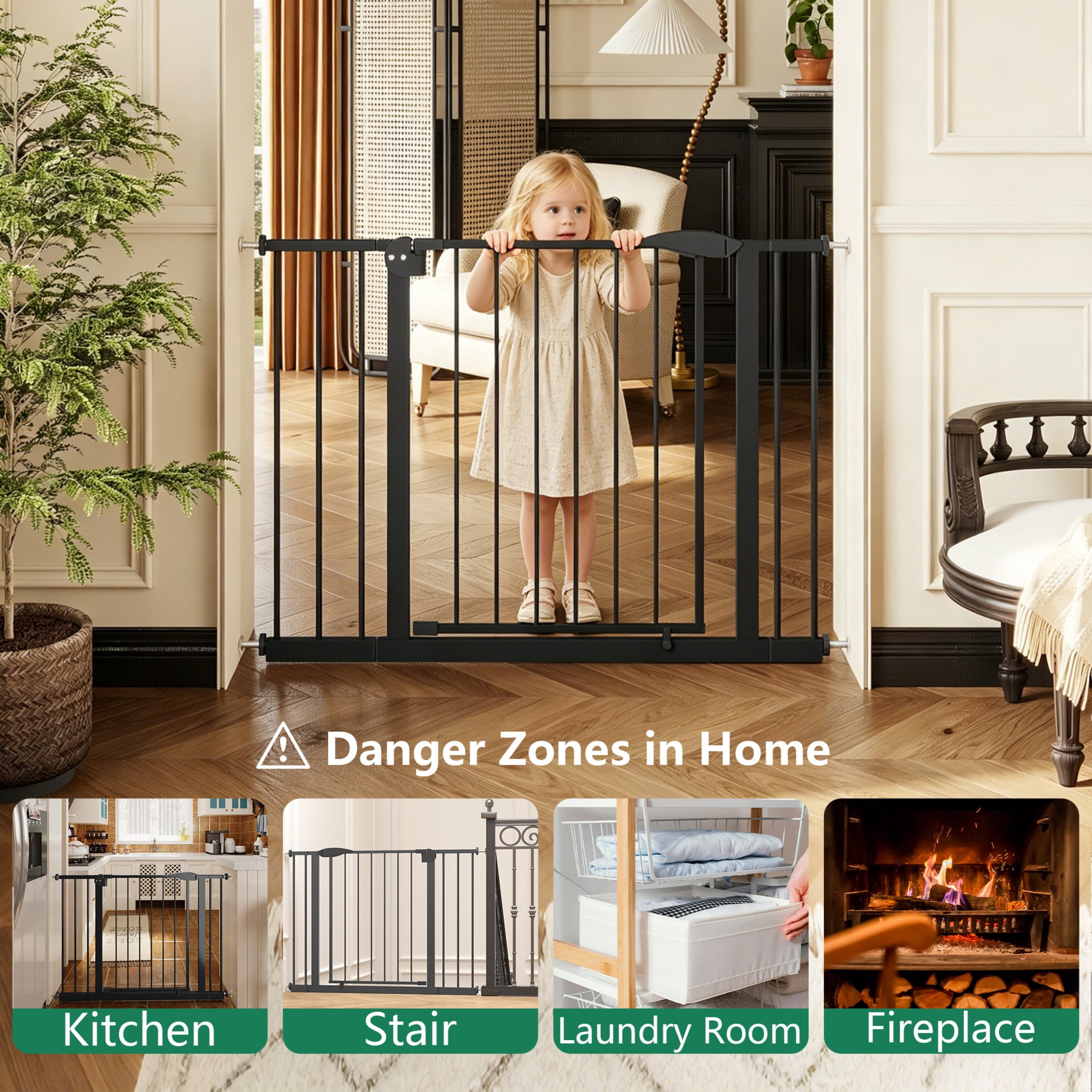 Noble House 45.3" Pressure Mounted Baby Gate for Stairs and Doorways, Steel Walk Through Safety Gate for Kids, Black