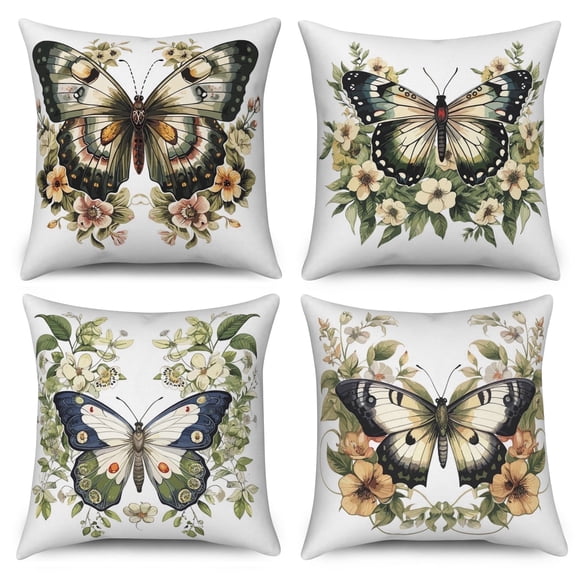 Butterfly Outdoor Pillow Covers Set of 4,Rustic Flower Linen Pillowcase for Home Decor,18x18 Inch