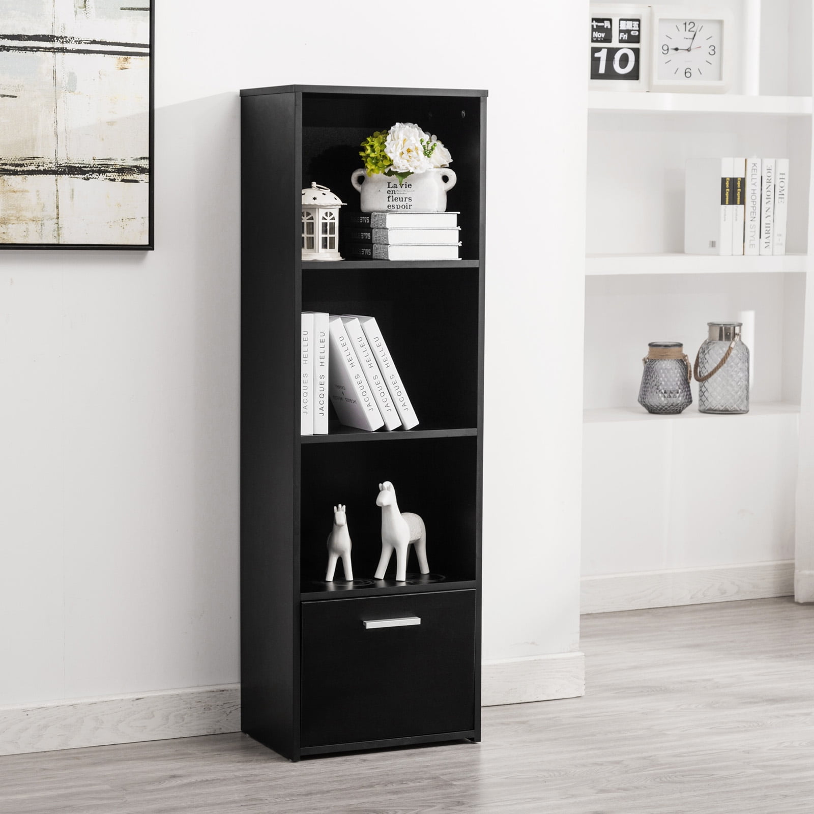 Uenjoy Modern Black 3-Tier Shelf Bookcase Shelving Unit ...