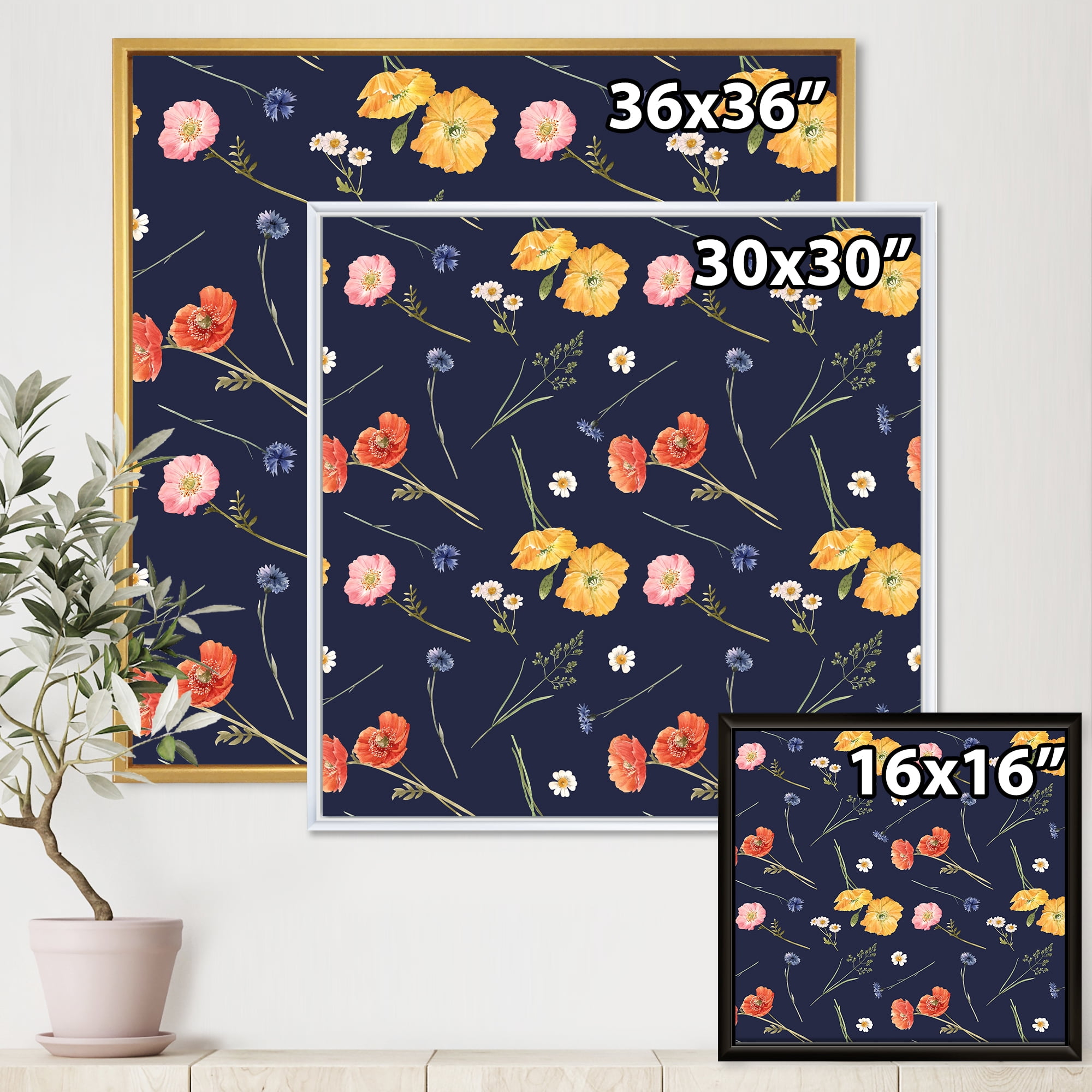 Designart 'Yellow and Orange Wild Flowers On Dark Blue' Traditional Framed Canvas Wall Art Print