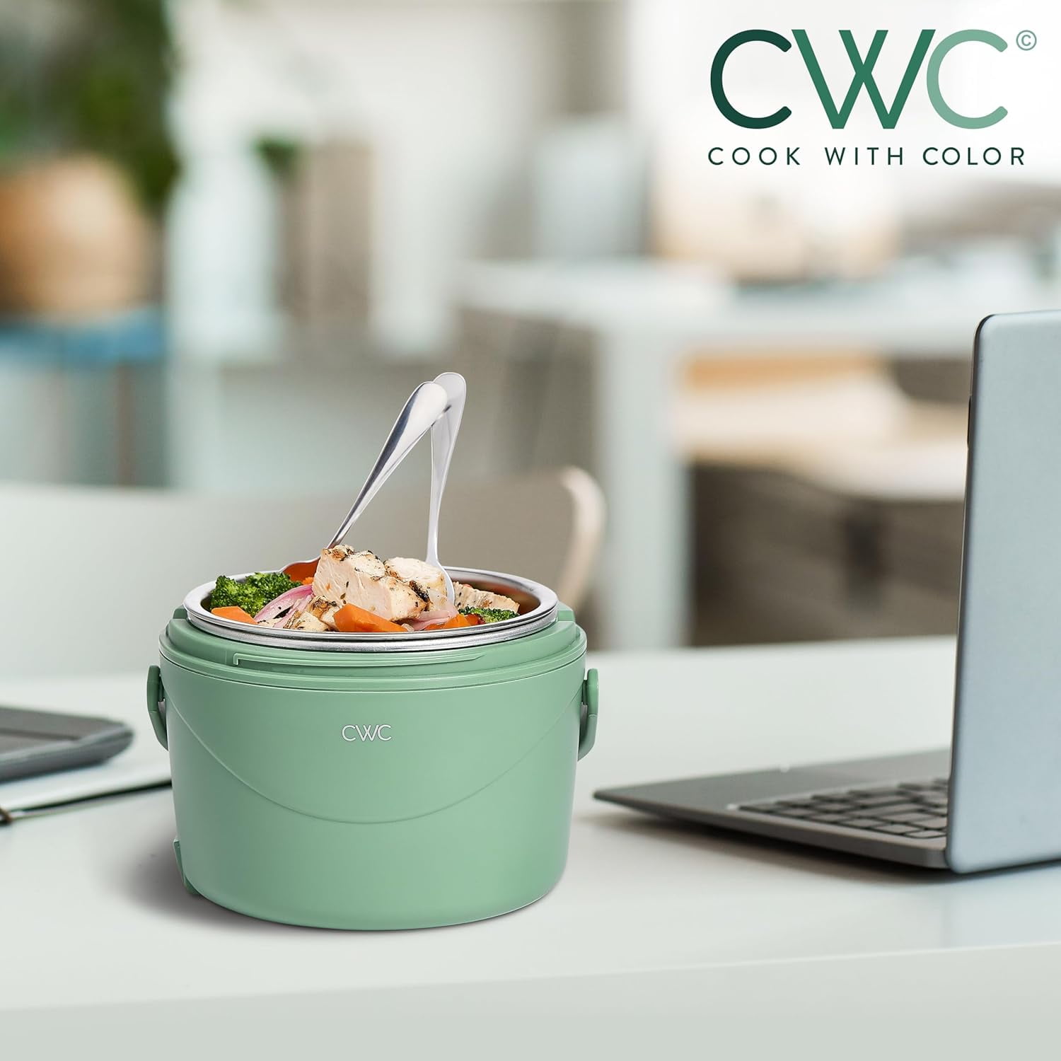 Cook With Color Heated Lunch Box Electric Food Warmer, Round 1.1L Portable Bento Box for Adults, Sage