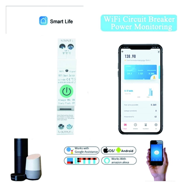 1P+N Tuya WiFi Smart Circuit Breaker Energy Power kWh Meter Timer Time Switch Relay Voltmeter Current RCCB RCBO ,Easy to Install
